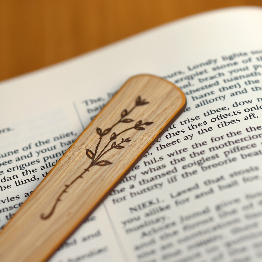 Close-up of engraved wooden bookmark